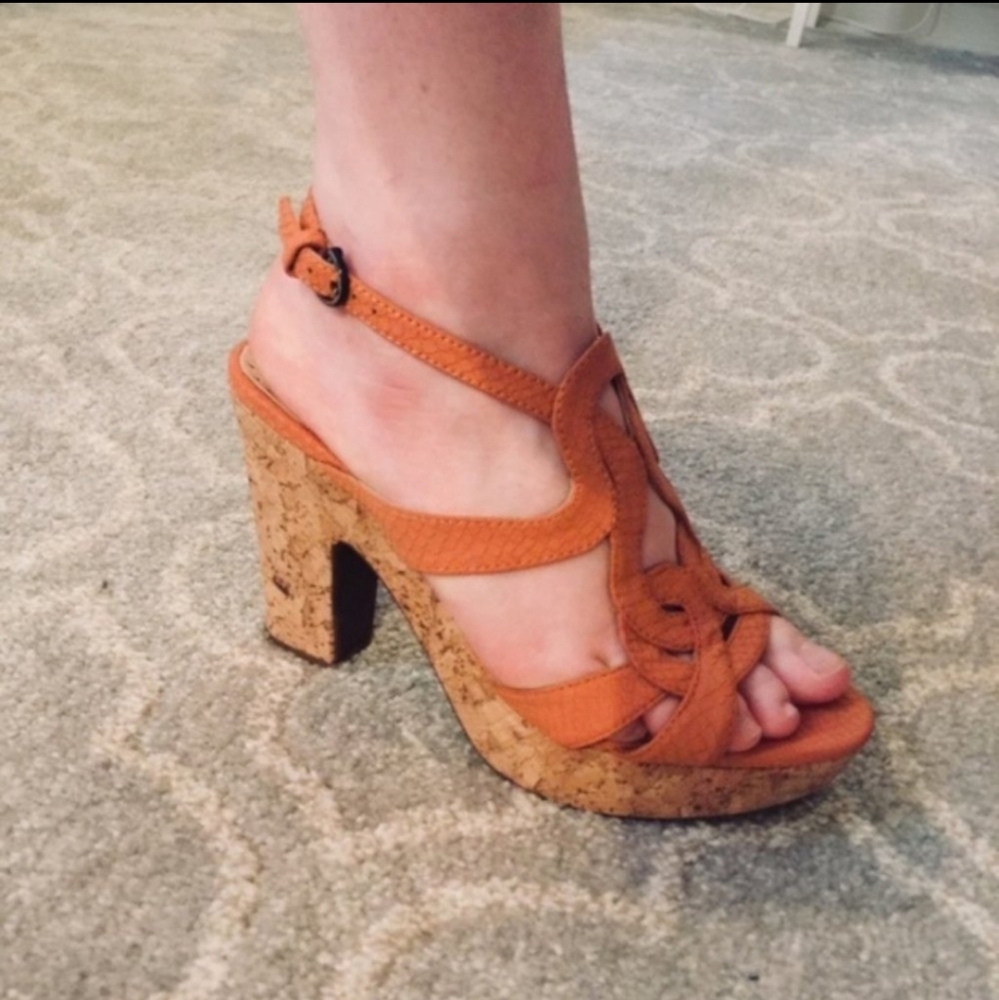 Vittadini Orange Strap Cork Platform Heel